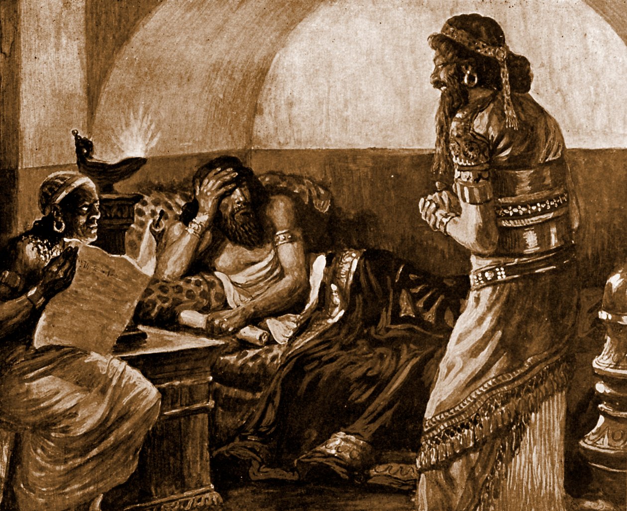 As Crônicas são lidas para Assuero - Bíblia de James Jacques Joseph after Tissot
