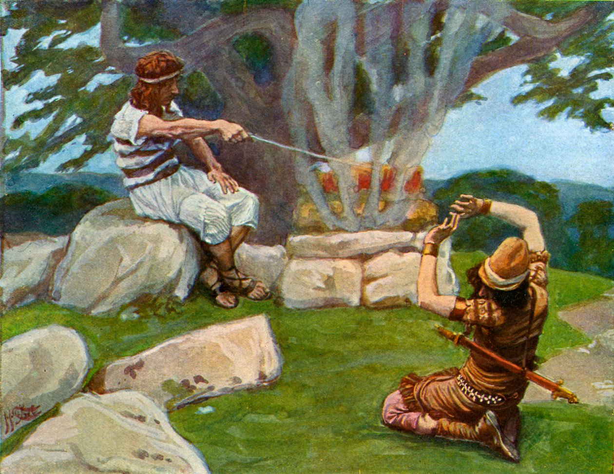 O anjo coloca fogo no altar de Gideão - Bíblia de James Jacques Joseph after Tissot