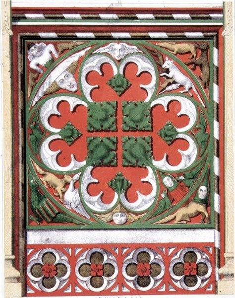 Detalhes de uma tela pintada na Igreja Dickleburgh, Norfolk, de "Ornamentos Góticos", gravada por J.R Jobbins de James Kellaway (after) Colling