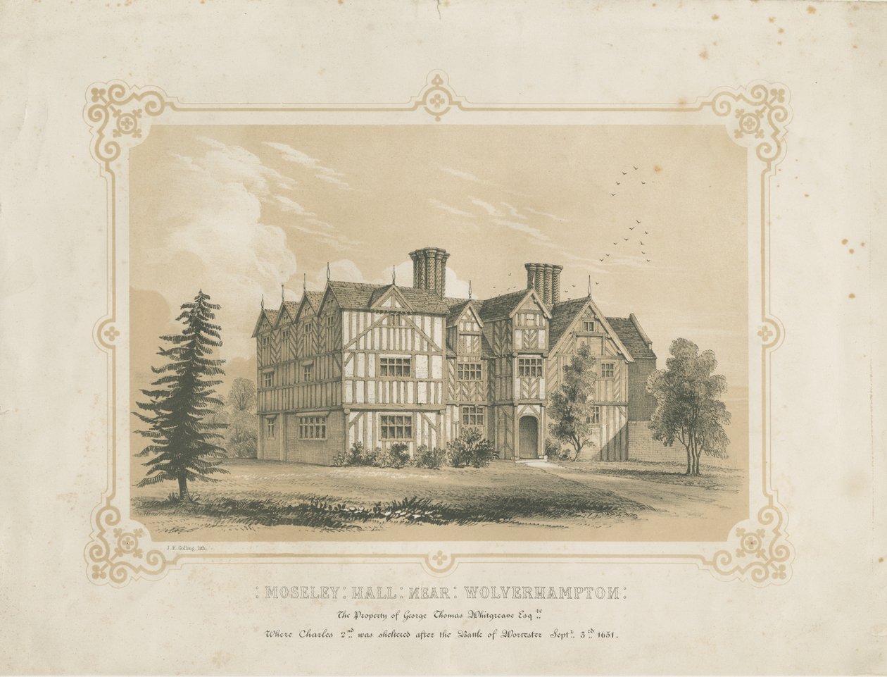 Bushbury - Moseley Old Hall: litografia, séc. XVIII de James Kellaway Colling