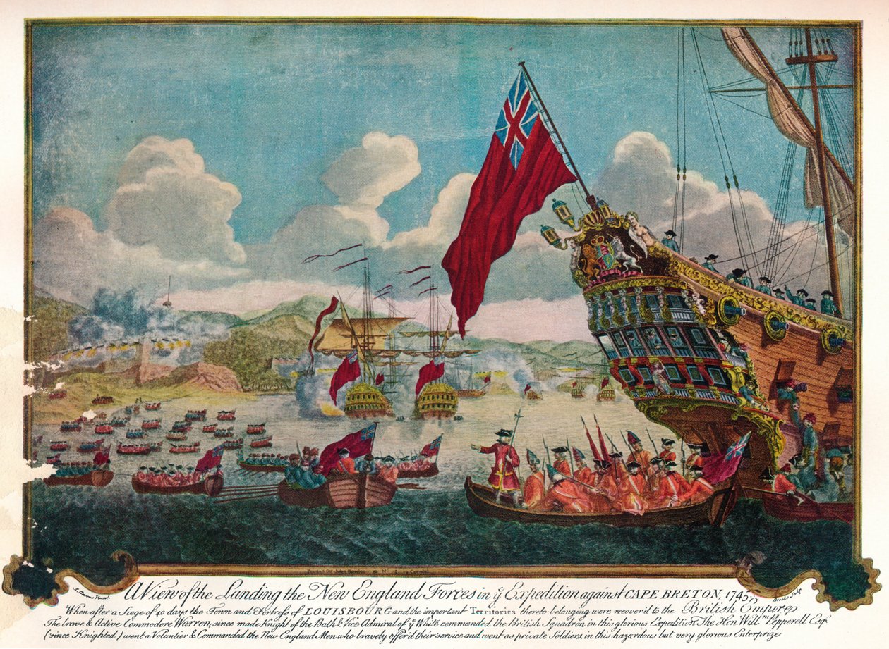 O desembarque de tropas da Nova Inglaterra na ilha de Cape Breton para atacar Louisbourg, 1747 de James L. Brooks