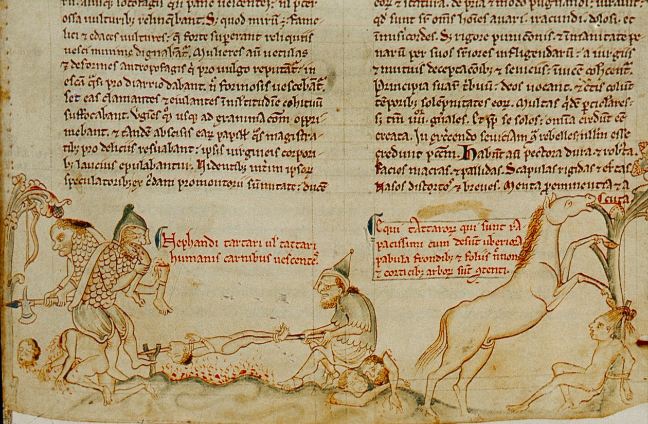 Manuscrito inglês do século XIII que mostra as tropas mongóis a cometerem atrocidades com base... de James L Stanfield