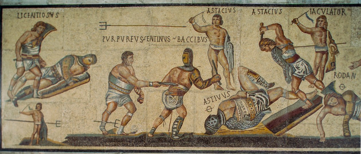 Um mosaico romano que mostra gladiadores a lutar com várias armas. Galleria Borghese... de James L Stanfield