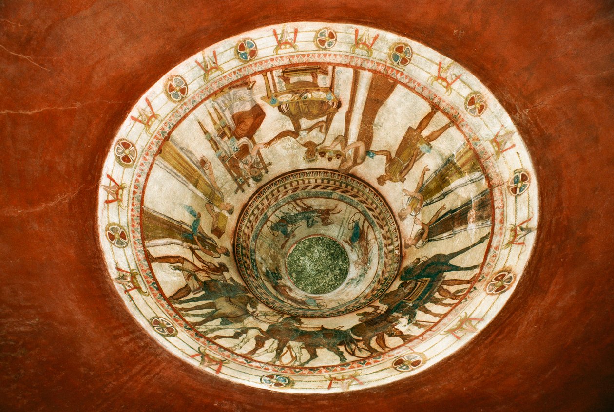 Um mural de um túmulo apresenta carruagens que eram comuns nos funerais trácios, BULGÁRIA. de James L Stanfield