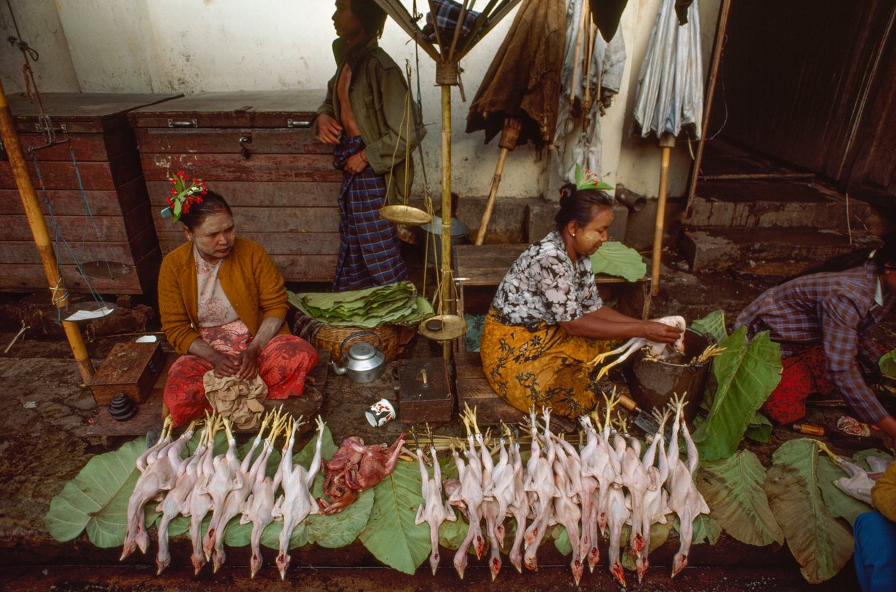 Vendedores de alimentos com rostos decorados com thanaka, casca de árvore em pó. Taunggyi, Birmânia. de James L Stanfield