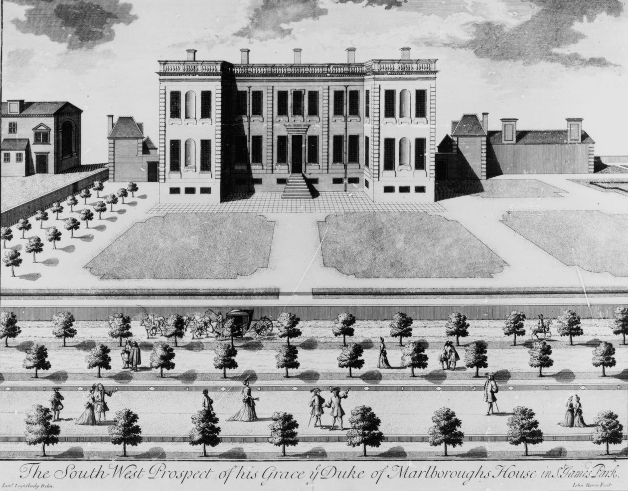 A perspectiva do sudoeste de sua graça, o duque da casa de Marlborough no parque de St. James, gravada por John Harris, 1741 de James Lightbody