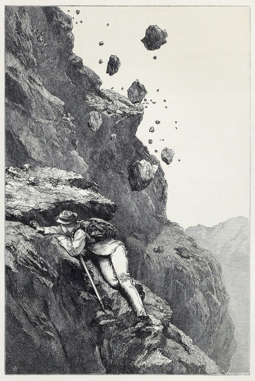 Uma Cannonada no Matterhorn, de Scrambles entre os Alpes nos anos 1860-69, pub. 1871 (gravura) de James Mahoney