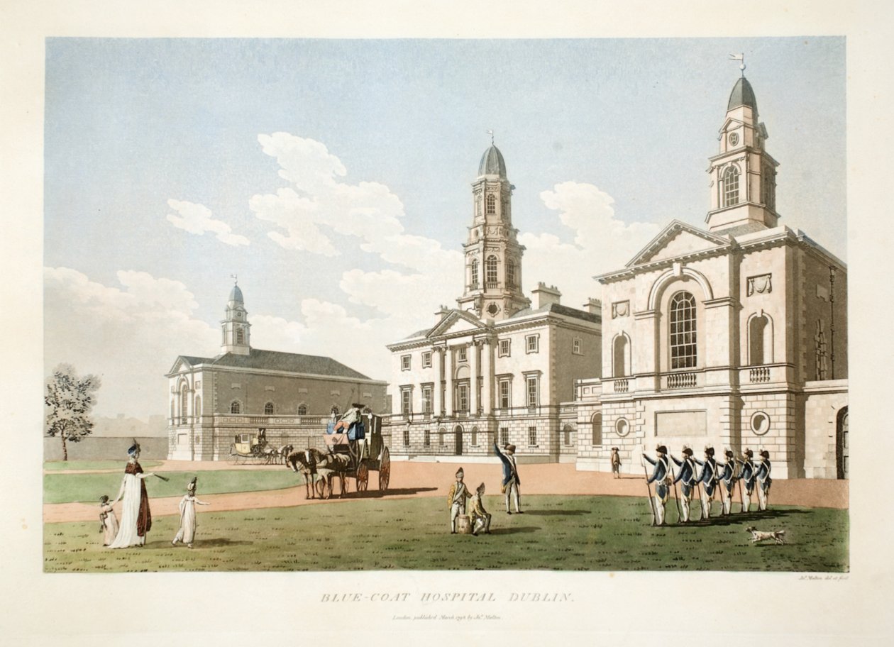 Hospital do Casaco Azul, Dublin, 1798 (gravura colorida à mão) de James Malton