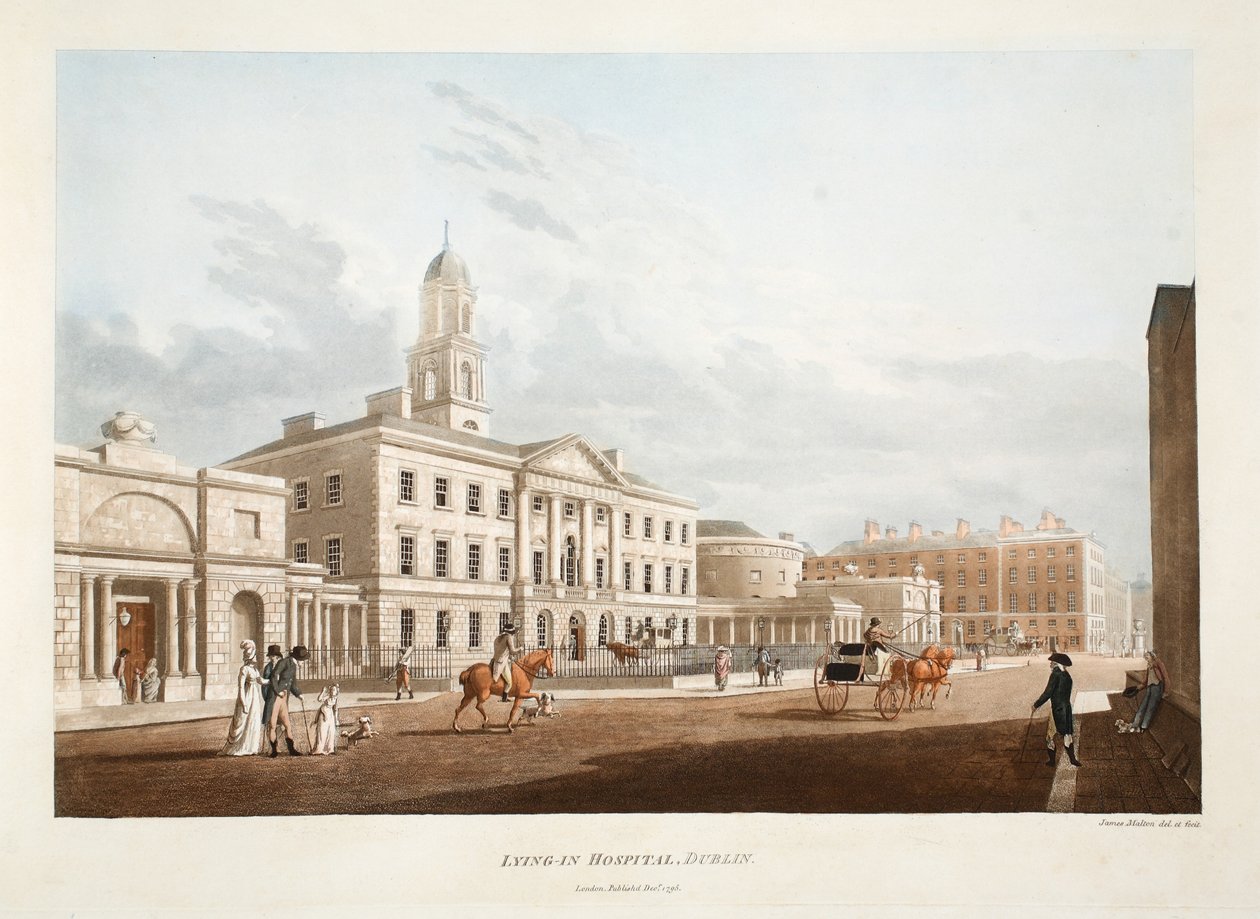 Hospital-mentir, Dublin, 1795 (gravura colorida à mão) de James Malton