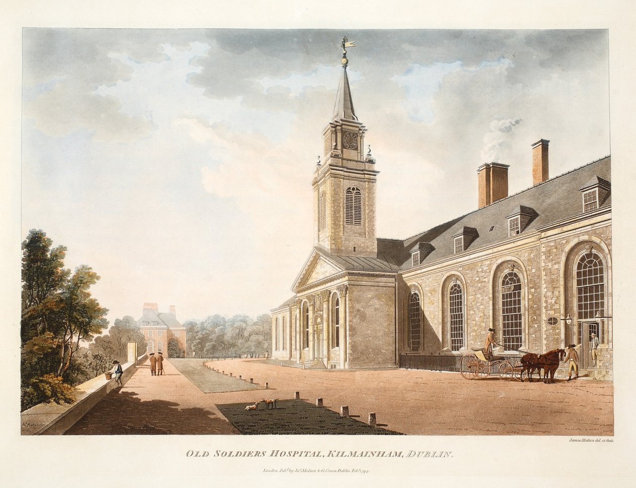 Old Soldiers Hospital, Kilmainham, Dublin, 1794 (gravura colorida à mão) de James Malton