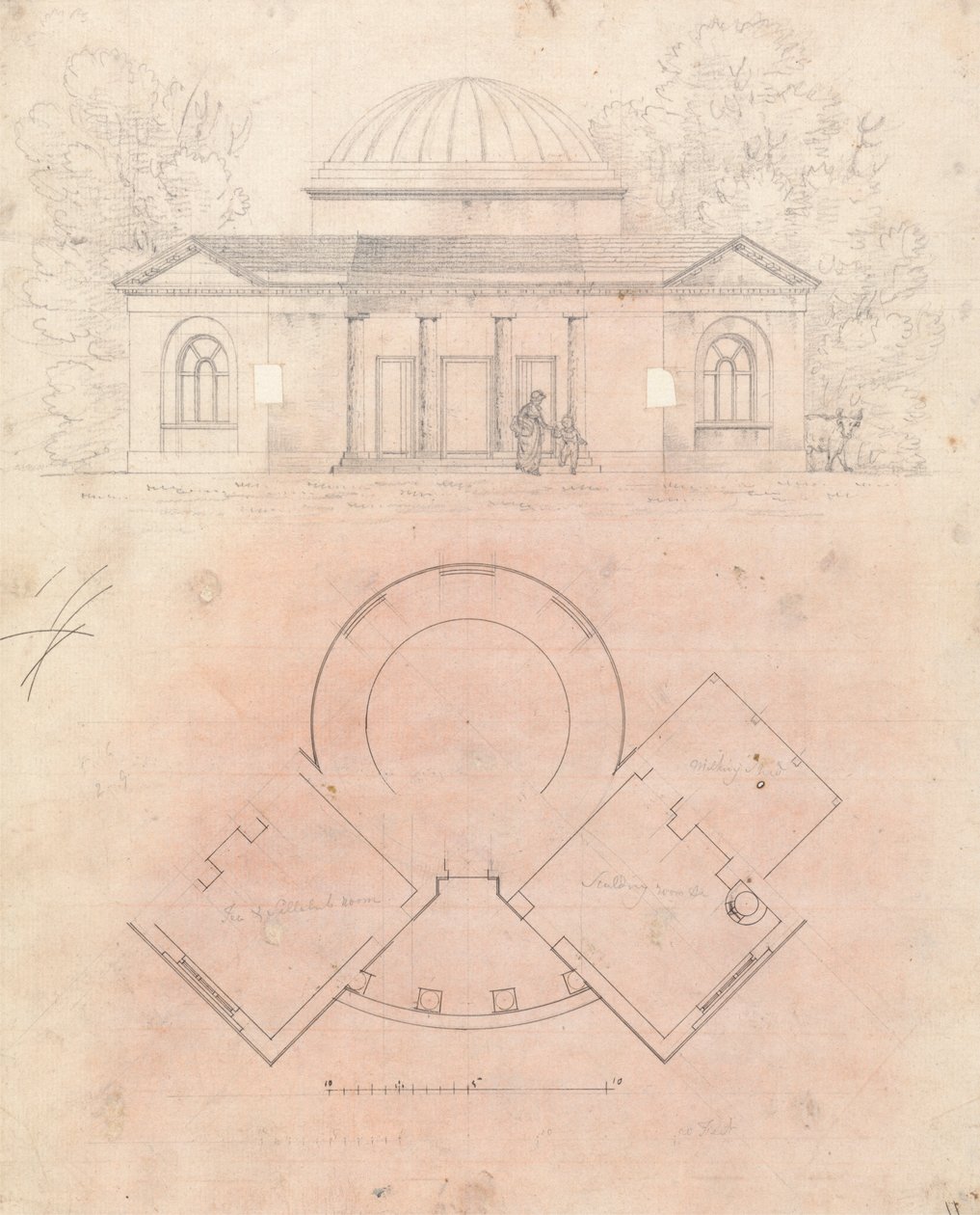 Desenho preparatório para Desenho 24, Placa 27 de Uma Colecção de Desenhos para Retiros Rurais de James Malton