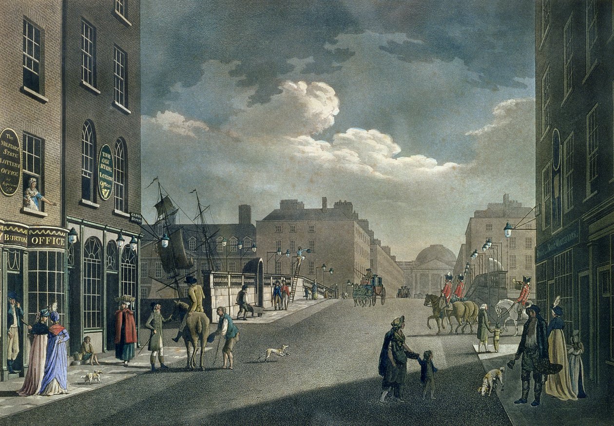 Vista da Capel Street, olhando a ponte de Essex, Dublin, de "Um conjunto de vinte vistas de Dublin", 1797 de James Malton