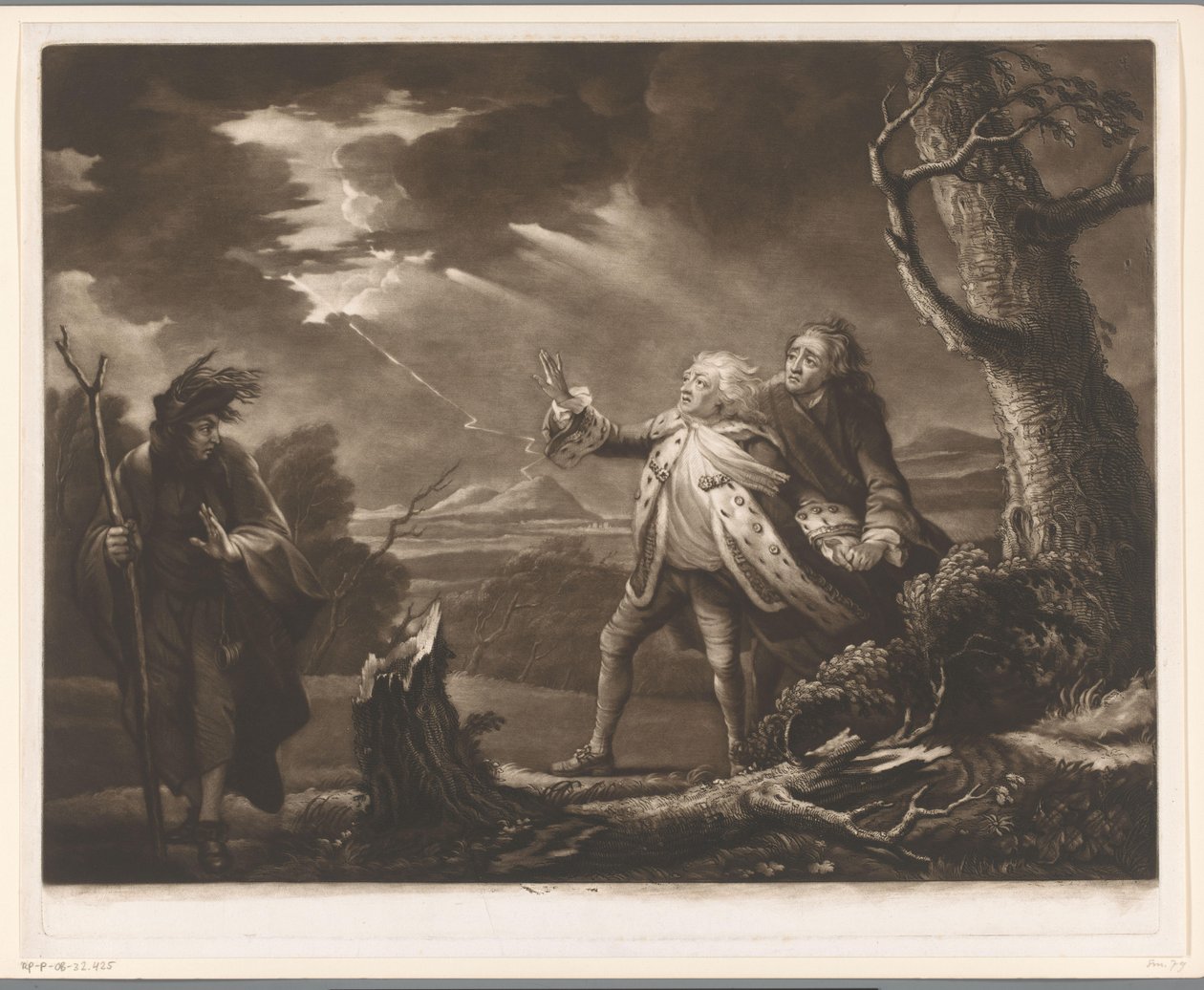 David Garrick como Rei Lear com o Conde de Kent e Edgar disfarçado de Tom em uma paisagem tempestuosa de James McArdell