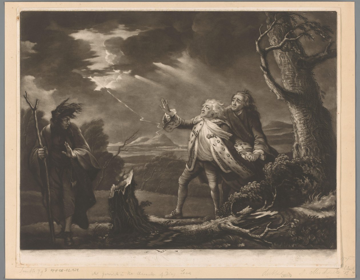 David Garrick como Rei Lear com o Conde de Kent e Edgar disfarçado de Tom, numa paisagem tempestuosa de James McArdell
