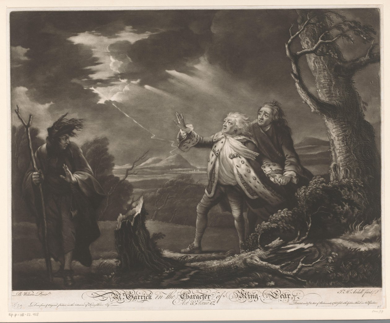 David Garrick como Rei Lear com o Conde de Kent e Edgar disfarçado de Tom, numa paisagem tempestuosa
Sr. Garrick no Carácter do Rei Lear (título sobre o objecto) de James McArdell