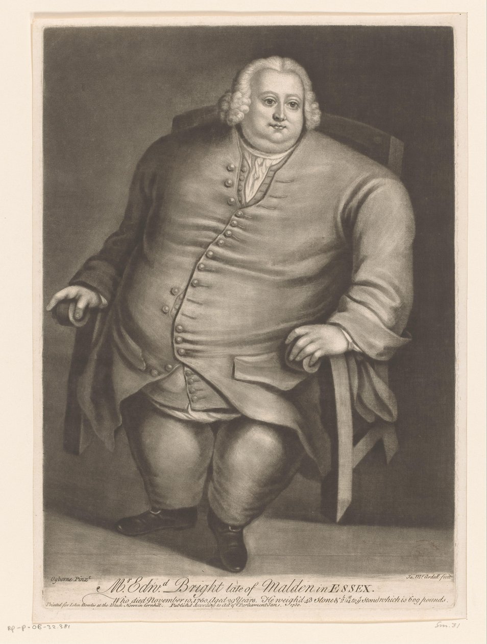 Portret de Edward Bright Sr. Edwd. Bright late of Malden in Essex (título no objeto) de James McArdell