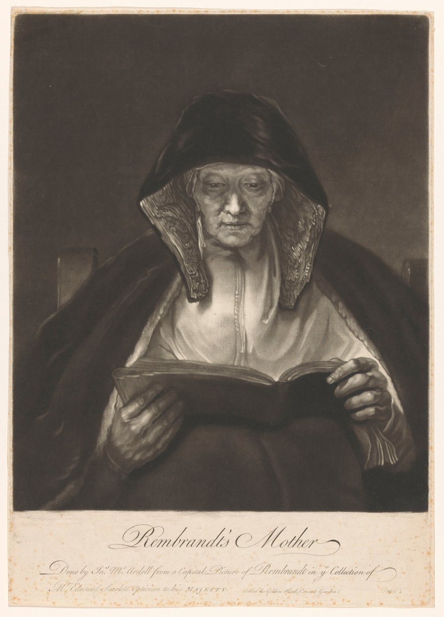 Retrato de uma velha lendo Mãe de Rembrandt (título no objeto) de James McArdell