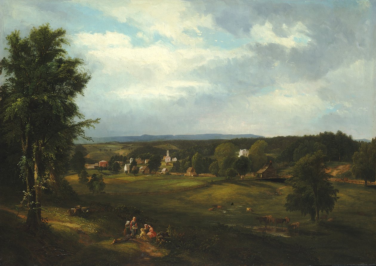 Village Scene perto de Albany, Nova Iorque, 1850. de James McDougal Hart