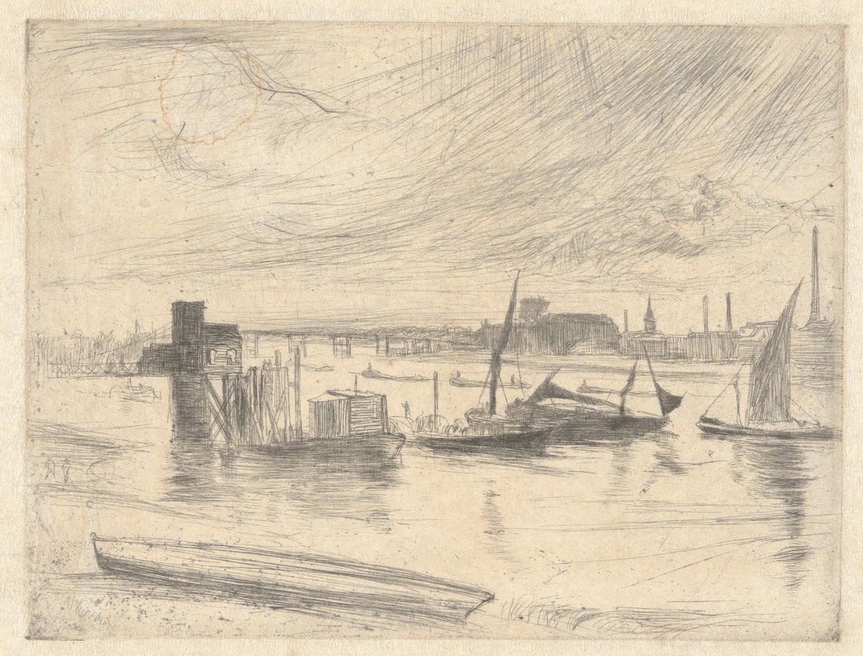 Battersea Dawn (Cadogan Pier), do Thames Set (uma série de dezesseis gravuras de cenas no Tamisa e outros assuntos) de James Abbott McNeill Whistler