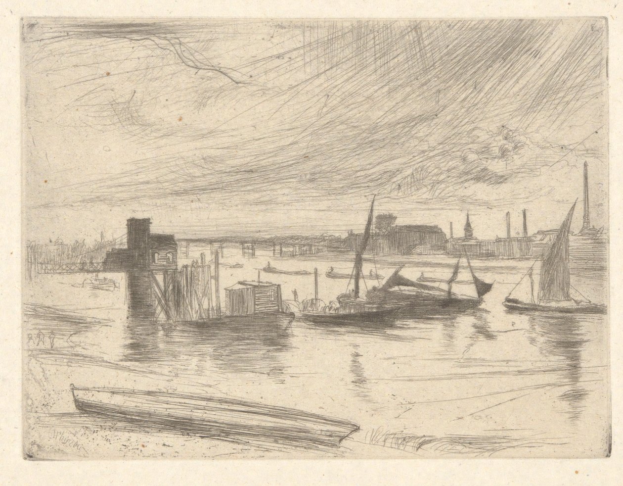 Battersea Dawn (Cadogan Pier), do Thames Set (uma série de dezesseis gravuras de cenas no Tamisa e outros assuntos) de James Abbott McNeill Whistler