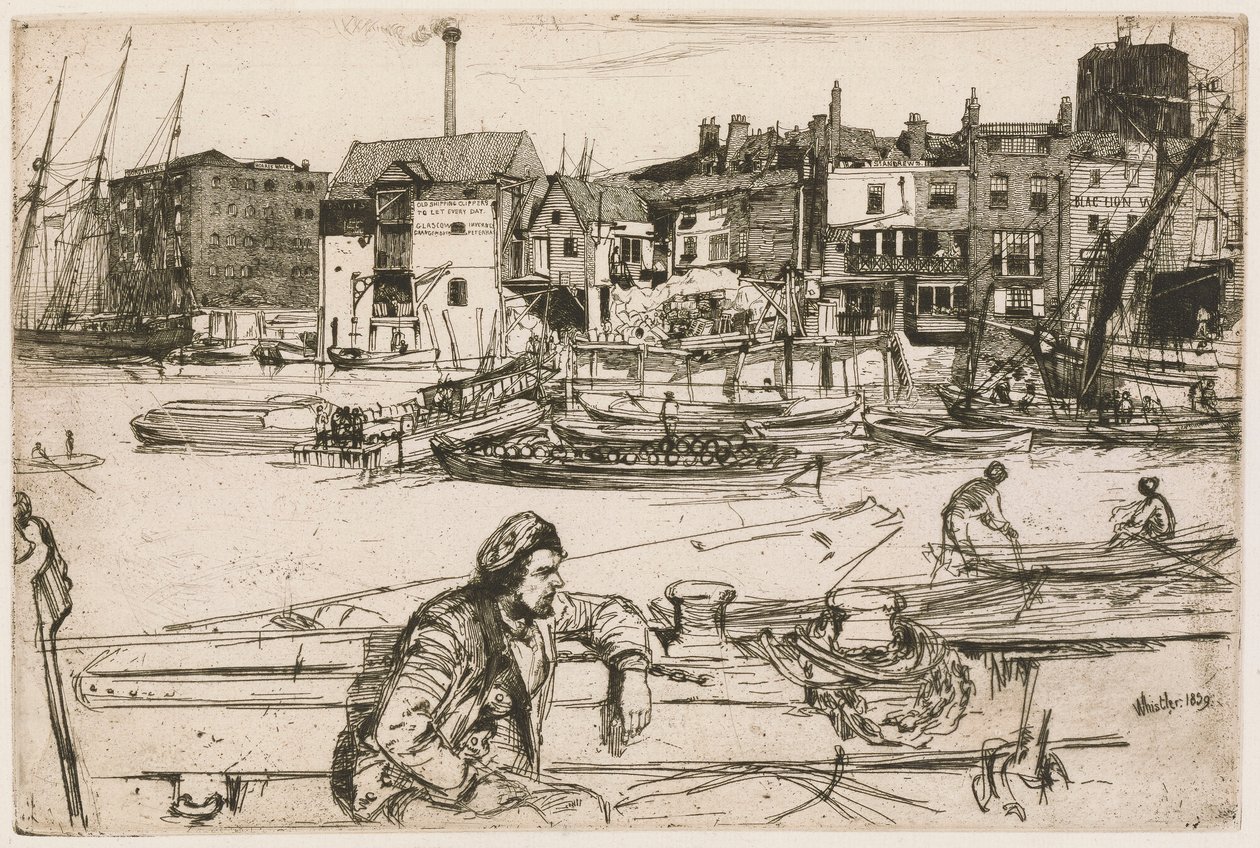 Black Lion Wharf, do Conjunto do Tamisa (Uma Série de Dezasseis Gravuras de Cenas no Tamisa e Outros Assuntos) de James Abbott McNeill Whistler