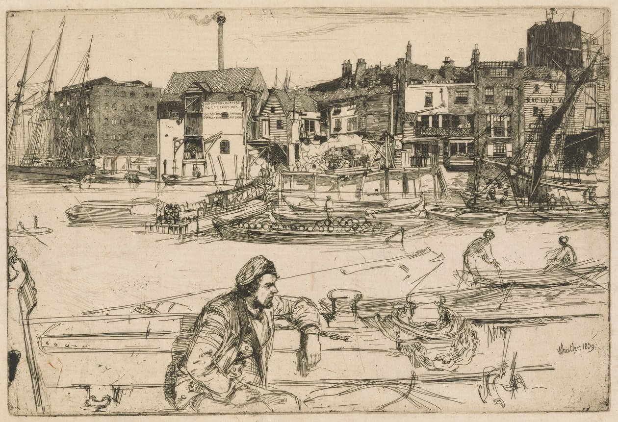 Black Lion Wharf, do Conjunto do Tamisa (Uma Série de Dezasseis Gravuras de Cenas no Tamisa e Outros Assuntos) de James Abbott McNeill Whistler
