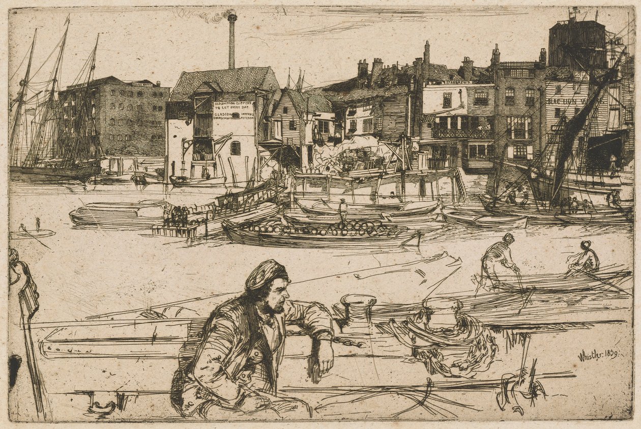 Black Lion Wharf, do Conjunto do Tamisa (Uma Série de Dezasseis Gravuras de Cenas no Tamisa e Outros Assuntos) de James Abbott McNeill Whistler