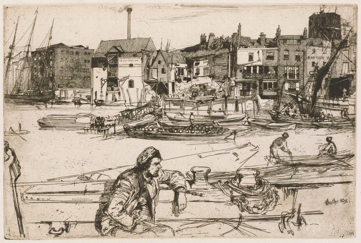 Cais do Leão Negro, da série «O Tamisa» (Uma série de dezasseis gravuras de cenas no Tamisa e outros temas) de James McNeill Whistler