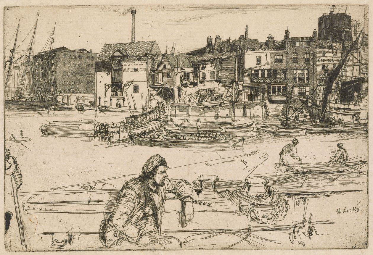 Black Lion Wharf, da série do Tamisa (Uma série de dezasseis águas-fortes de cenas no Tamisa e outros temas) de James McNeill Whistler