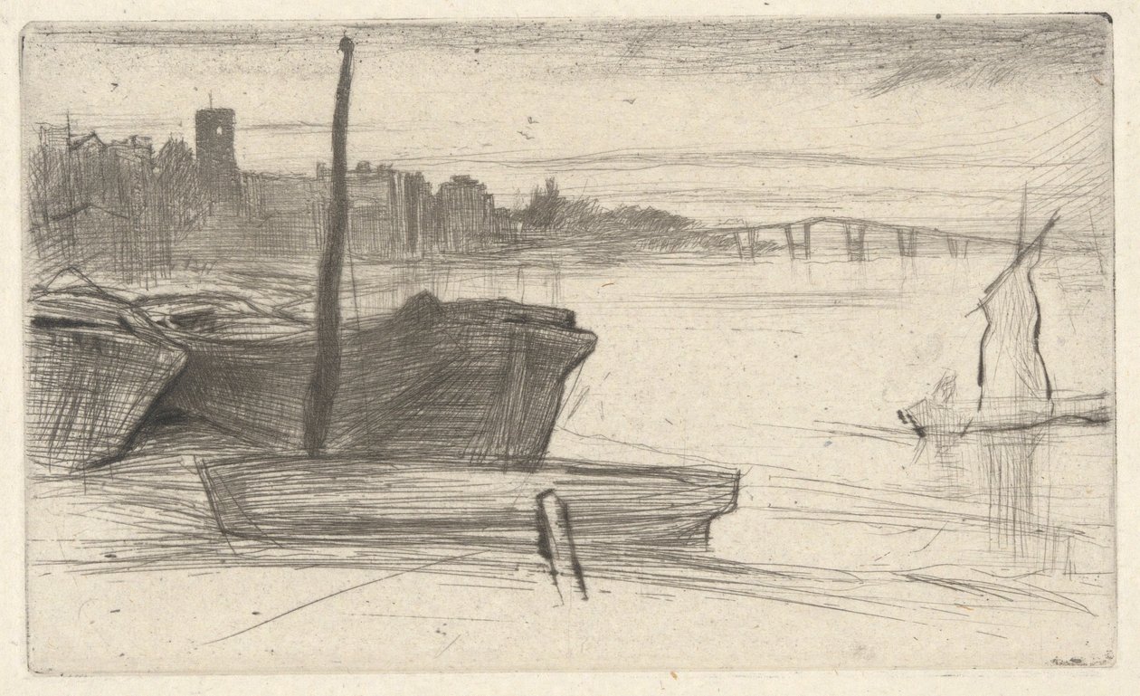 Chelsea Bridge and Church, from the Thames Set (Uma série de dezesseis gravuras de cenas no Tamisa e outros assuntos) de James Abbott McNeill Whistler