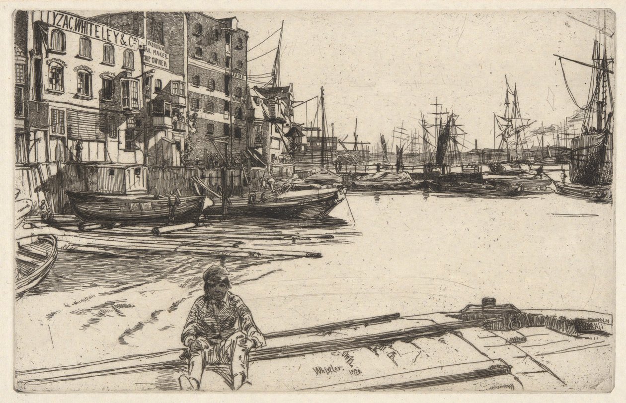 Eagle Wharf (Tyzac, Whiteley & Co.), do Conjunto do Tamisa (Uma Série de Dezasseis Gravuras de Cenas no Tamisa e Outros Assuntos) de James Abbott McNeill Whistler