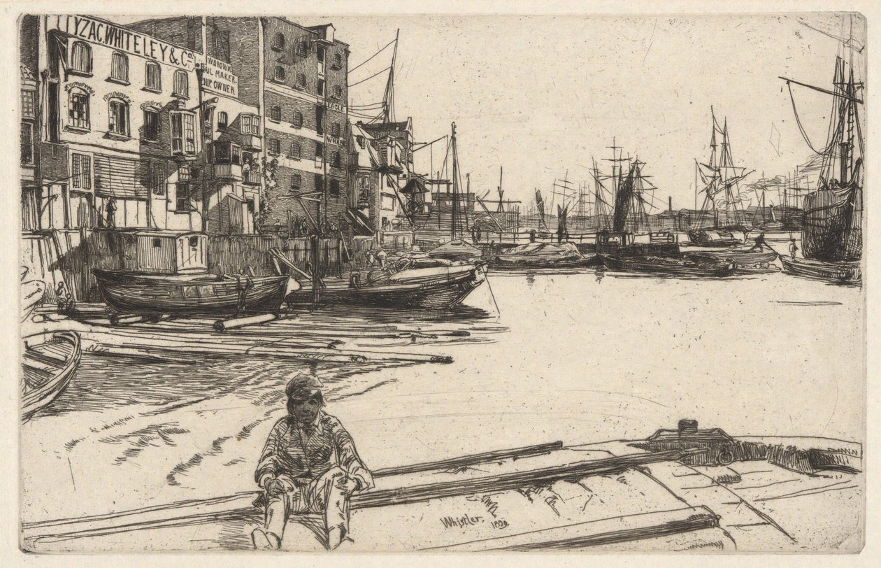 Eagle Wharf (Tyzac, Whiteley & Co.), da série do Tamisa (Uma série de dezasseis águas-fortes de cenas no Tamisa e outros temas) de James McNeill Whistler
