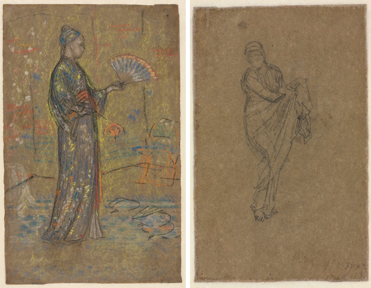 Mulher japonesa a pintar um leque (recto); mulher de pé a levantar o vestido (verso) de James McNeill Whistler