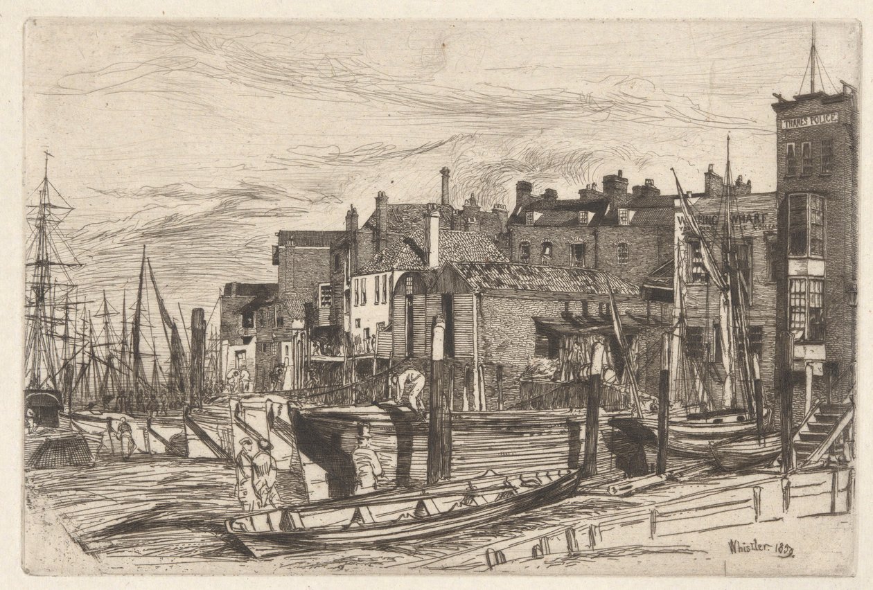 Polícia do Tamisa (Wapping Wharf), do Conjunto do Tamisa (Uma Série de Dezasseis Gravuras de Cenas no Tamisa e Outros Assuntos) de James Abbott McNeill Whistler