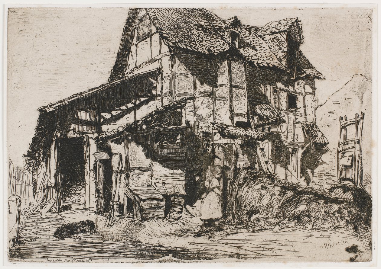 O Cortiço Inseguro. Uma das doze gravuras da natureza (o conjunto francês) de James Abbott McNeill Whistler