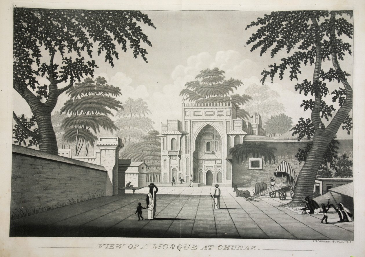 Vista de uma mesquita em Chunar, pub. gravura de 1810. de James Moffat
