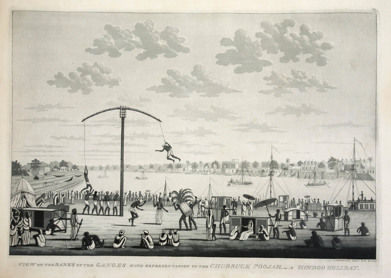 Vista nas margens do Ganges com representação do Churruck Poojah…, pub. gravura de 1810. de James Moffat