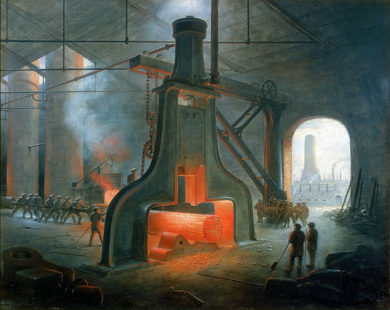 O martelo a vapor de James Nasmyth erguido na sua fundição perto de Manchester, em 1832 de James Nasmyth