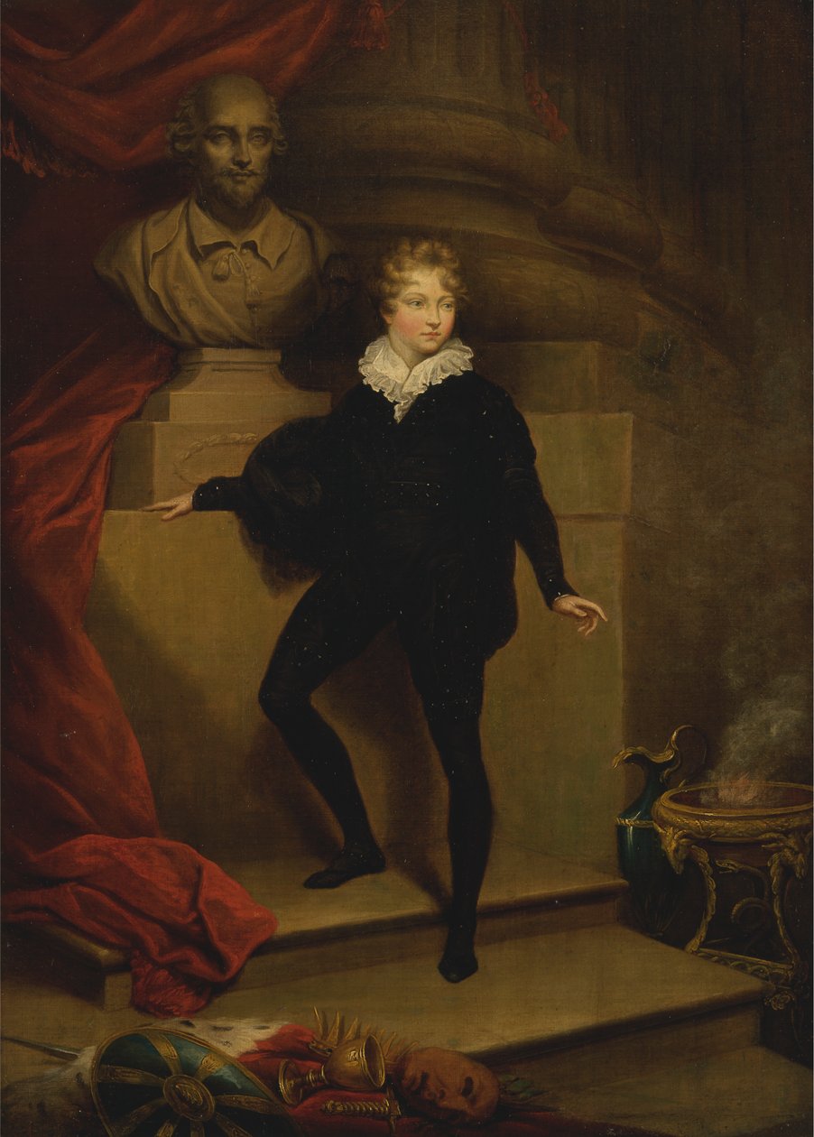 Mestre Betty como Hamlet, antes de um busto de Shakespeare de James Northcote