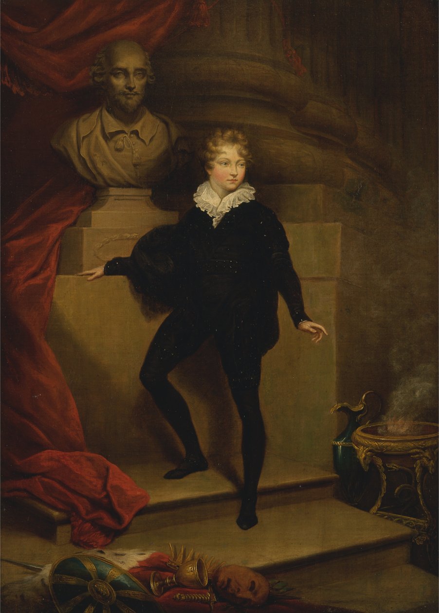 Mestre Betty como Hamlet, diante de um busto de Shakespeare de James Northcote
