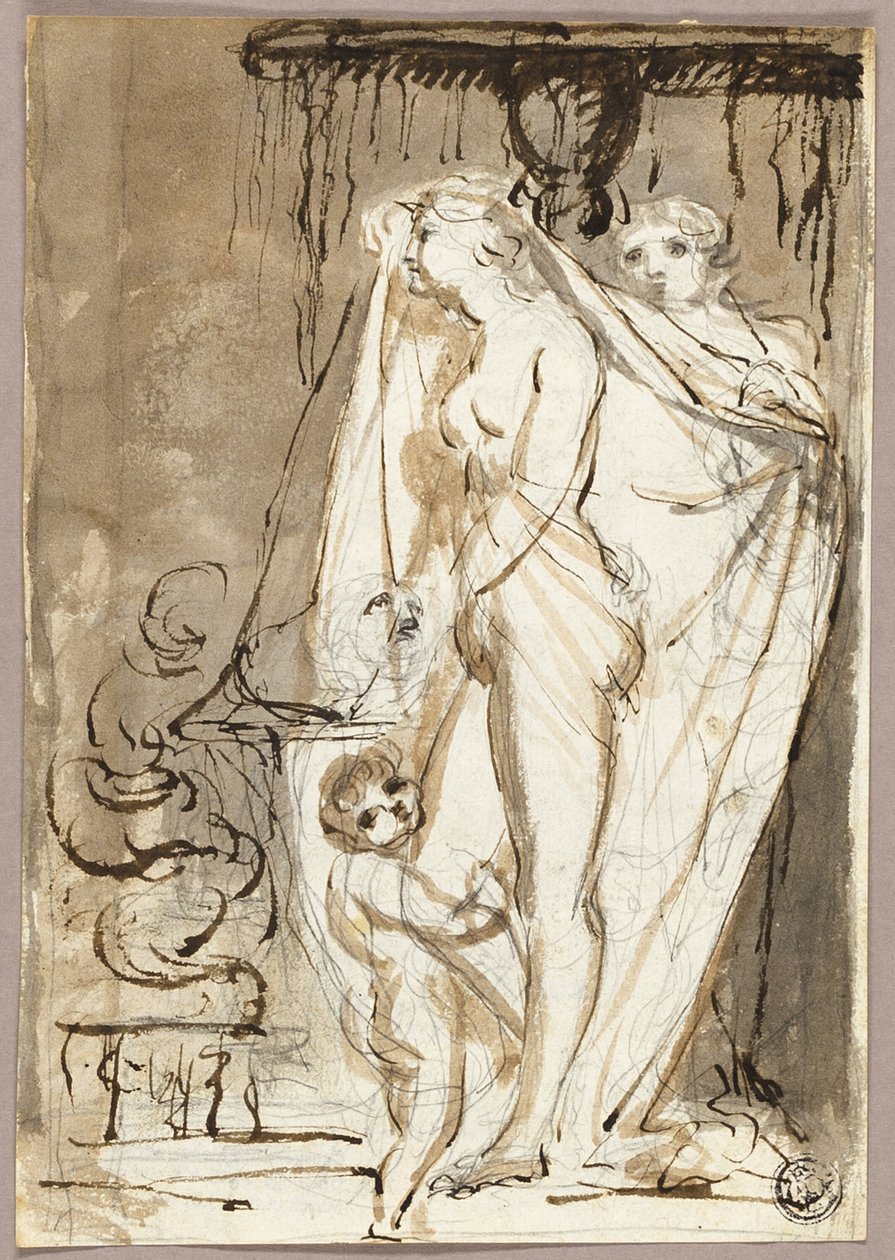 Escultor desnudando a escultura de uma mulher nua e criança de James Northcote