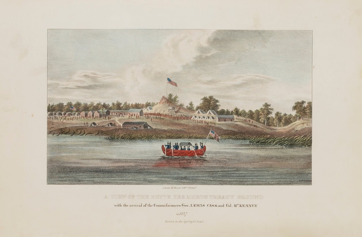 Uma vista do terreno do Tratado de Butte Des Morts; com a chegada dos comissários Gov. Lewis Cass e Col. McKenny, do The Aboriginal Portfolio de James Otto Lewis