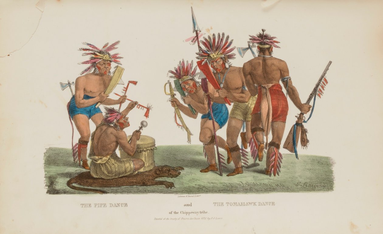 A dança do cachimbo e a dança do Tomahawk da tribo Chippeway, de The Aboriginal Portfolio de James Otto Lewis