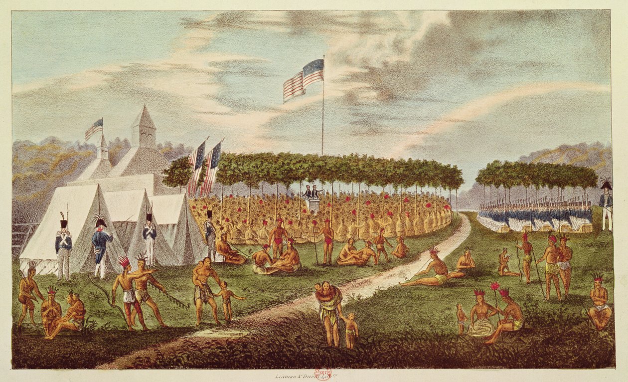 Vista do Grande Tratado Realizado na Pradaria do Chien, Wisconsin, em setembro de 1825, de &39;The Aboriginal Portfolio&39;, 1825 (gravura colorida) de James Otto Lewis
