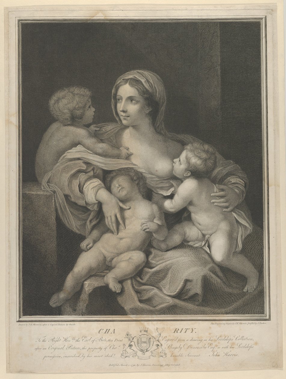 Charity sentada amamentando uma criança, outra dormindo no colo e uma terceira conversando com ela, ..., 1793. de James Parker