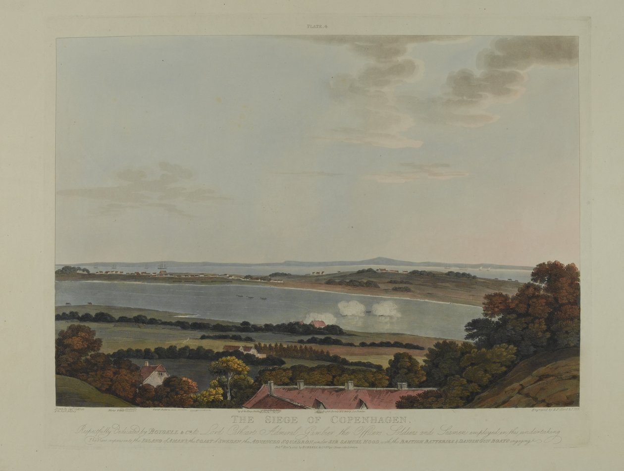 Dinamarca 1807: O cerco de Copenhague, gravado por Robert Pollard (1792-1867) e Joseph Constantine Stadler (1780-1812), publicado em 1807 (colorido aquatint) de James Pattison Cockburn