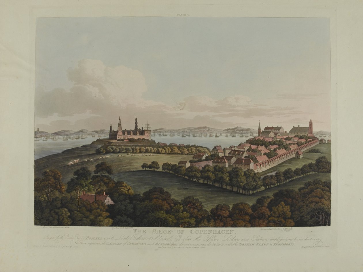 Dinamarca 1807: O cerco de Copenhague, gravado por Robert Pollard (1792-1867) e Joseph Constantine Stadler (1780-1812), publicado em 1807 (colorido aquatint) de James Pattison Cockburn