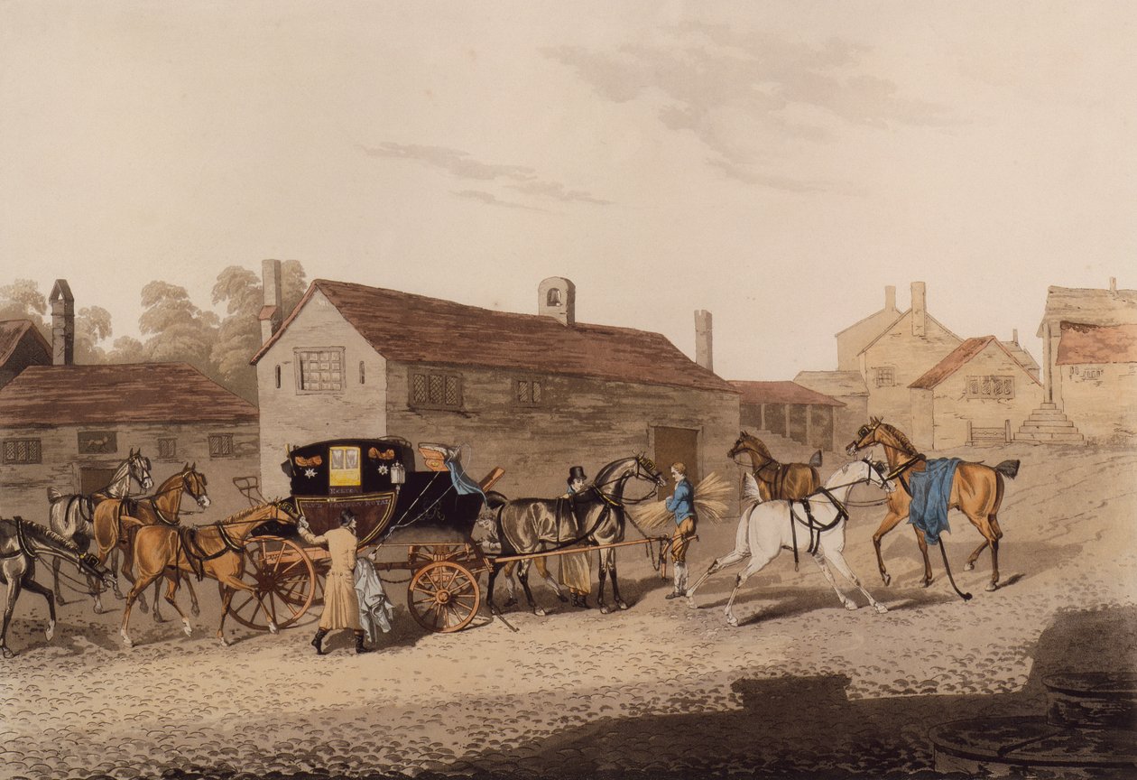 Troca de cavalos para a carruagem do correio (gravura colorida) de James Pollard