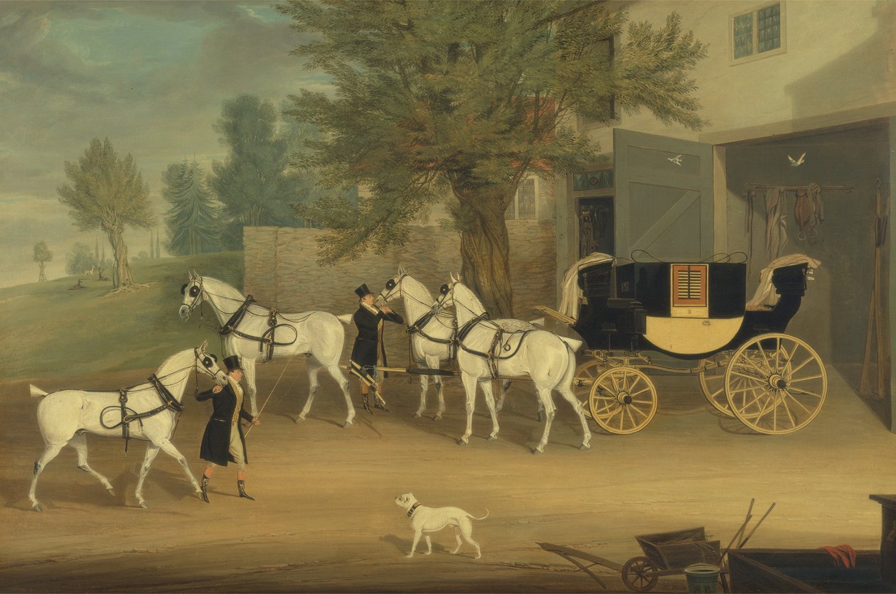 Equipe Privada de Drag and Gray de John Smith Barry em Marbury Hall, Cheshire (óleo sobre tela) de James Pollard