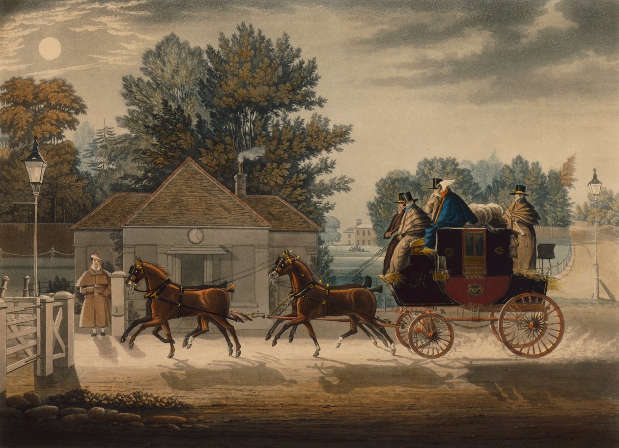 Mail Coach by Moonlight (gravura colorida) de James Pollard
